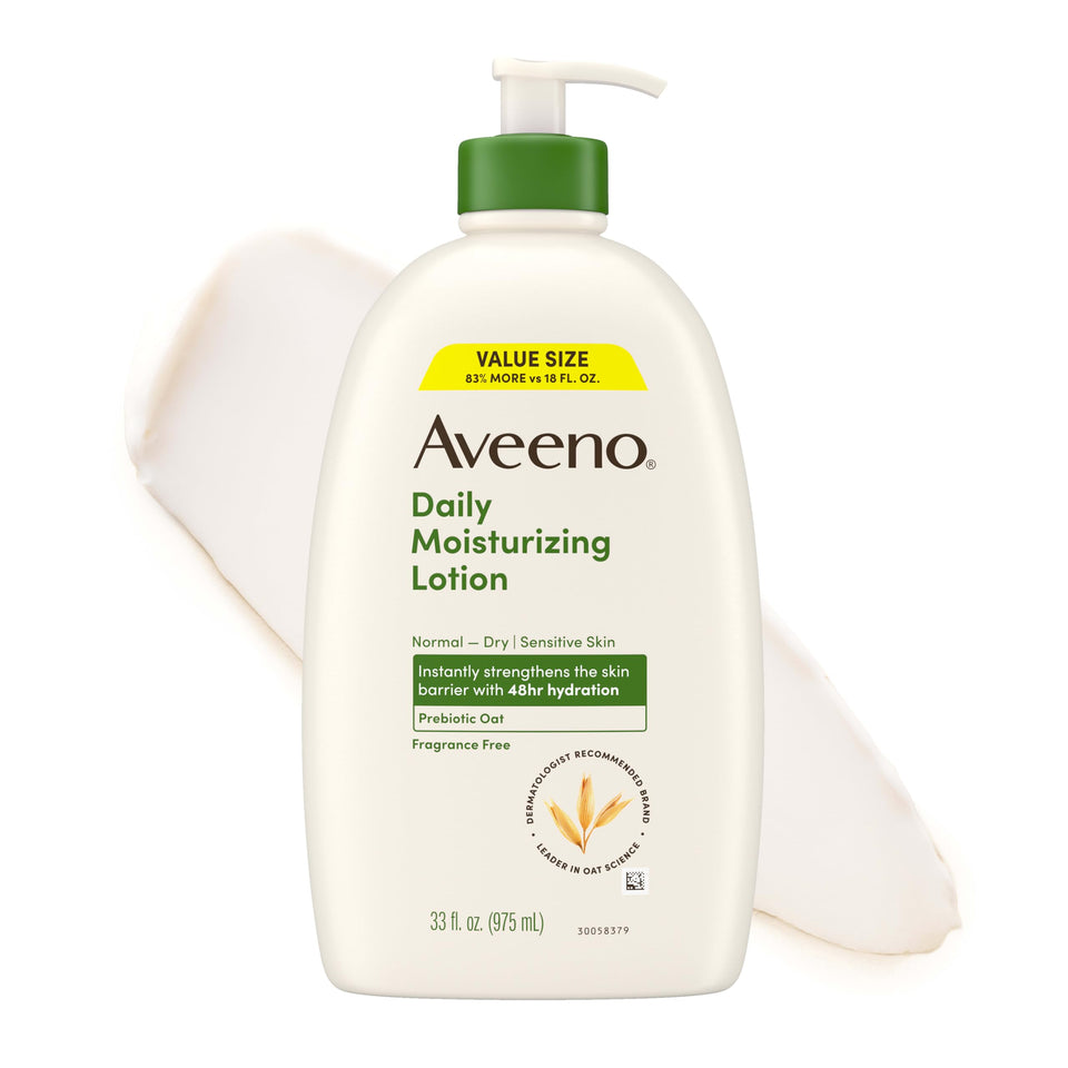 Aveeno bottle front 33oz showing brand and size, clear hydration benefit