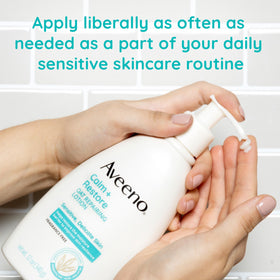 Label detail on Aveeno bottle showing ingredients and fragrance-free reassurance