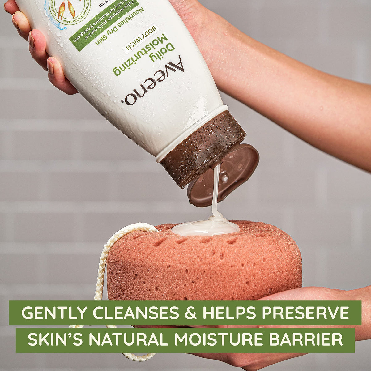 Aveeno bottle label detail highlighting fragrance-free benefits
