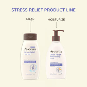 Aveeno bottle on bath shelf styled for everyday routine and easy access