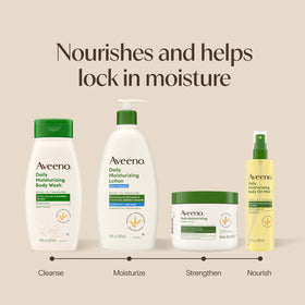 Aveeno bottle on bathroom shelf in daily routine setting benefit