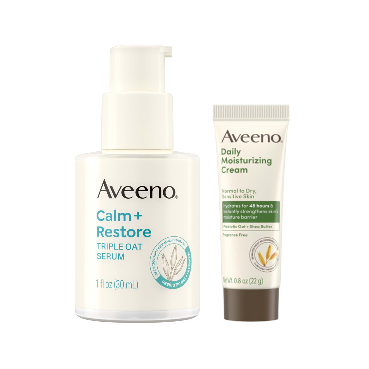 Aveeno bundle front packaging showing both serum and cream, calming hydration