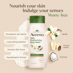 Aveeno close-up label highlighting prebiotic oat for moisture-supporting benefit