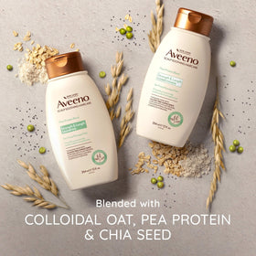 Aveeno conditioner being applied to wet hair to reduce frizz and detangle