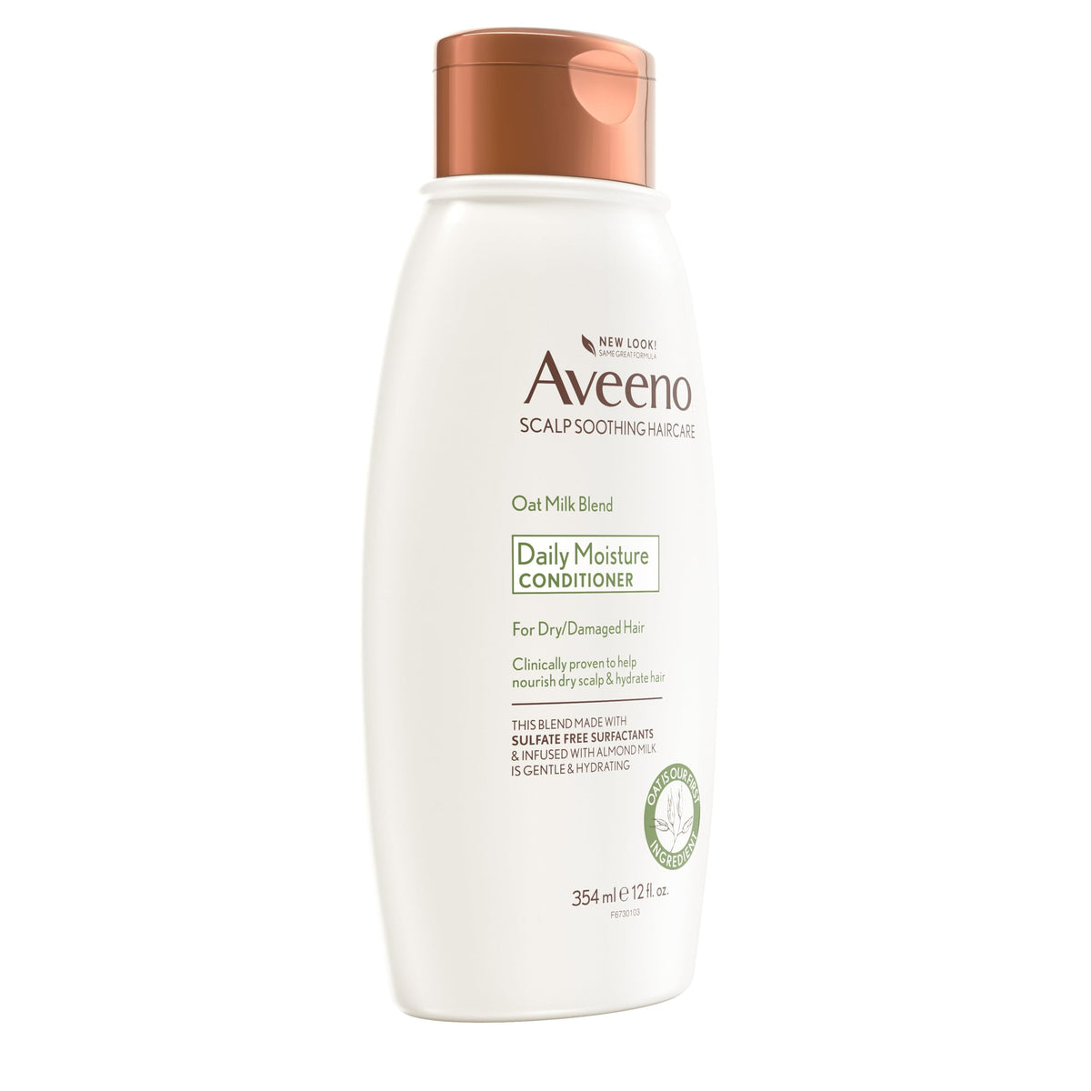 Aveeno conditioner on bathroom shelf in a calm, natural lifestyle scene