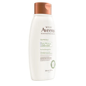 Aveeno conditioner on bathroom shelf in a calm, natural lifestyle scene