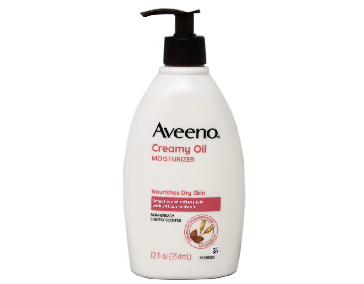 Aveeno creamy oil front bottle showing 12 oz label and oat benefits