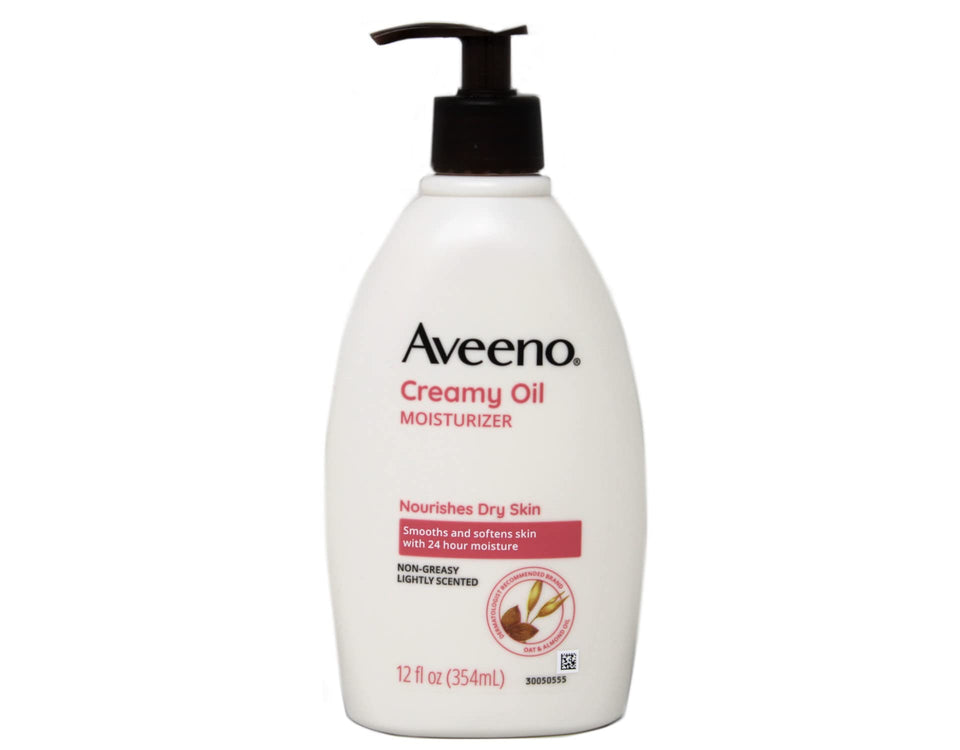 Aveeno creamy oil front bottle showing 12 oz label and oat benefits