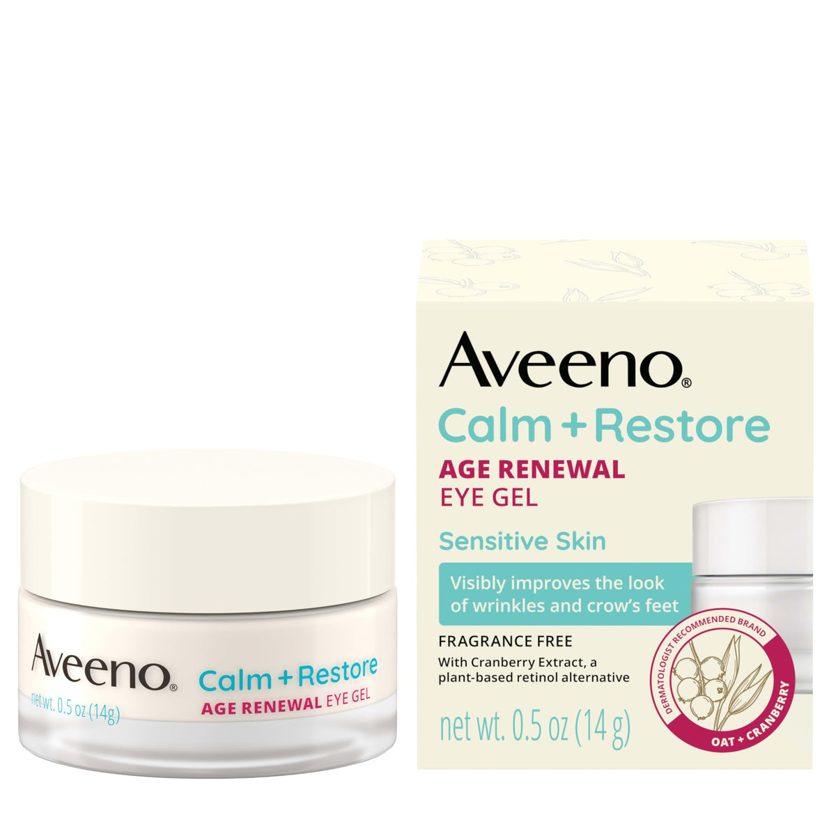Aveeno eye gel front packaging showing jar and branding, promotes gentle anti-aging