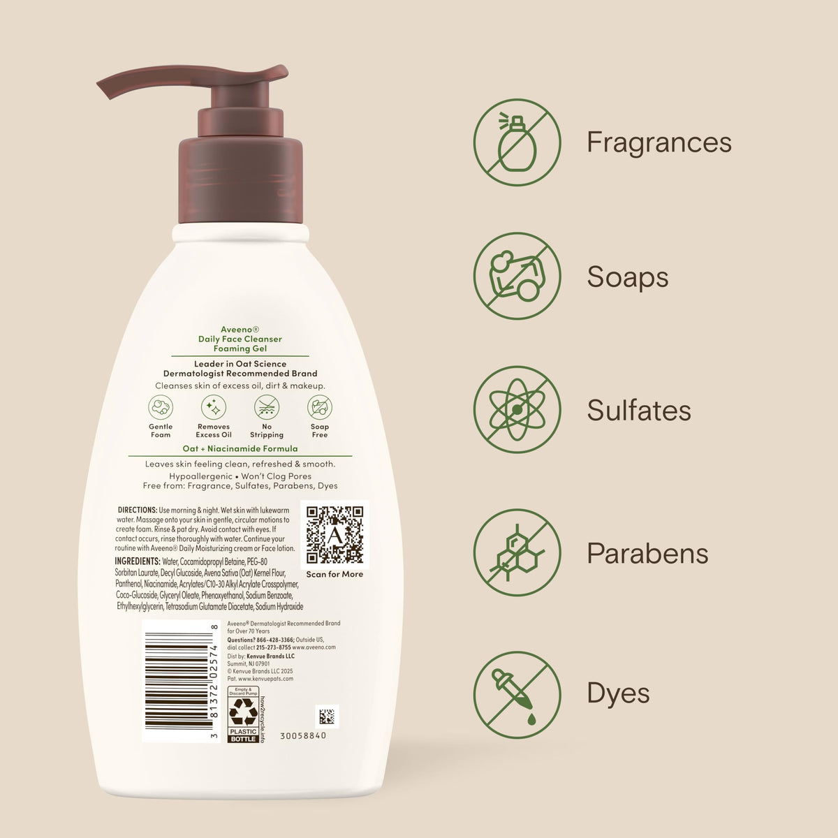 Aveeno ingredient label close-up showing free-from sulfates and parabens