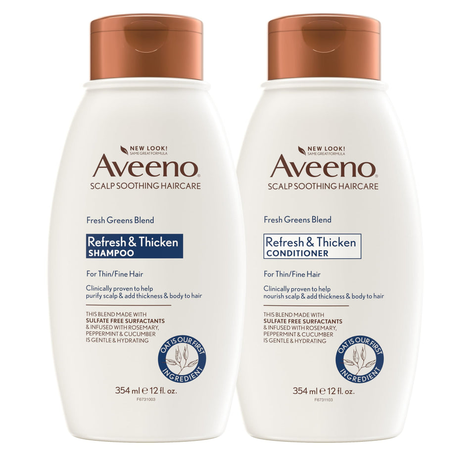 Aveeno front packaging showing Fresh Greens duo for lightweight volume