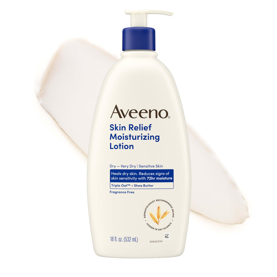 Aveeno front bottle 18 oz showing label and easy identification benefit