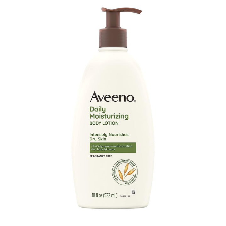 Aveeno front bottle 18 fl oz showing packaging and easy pump for everyday hydration