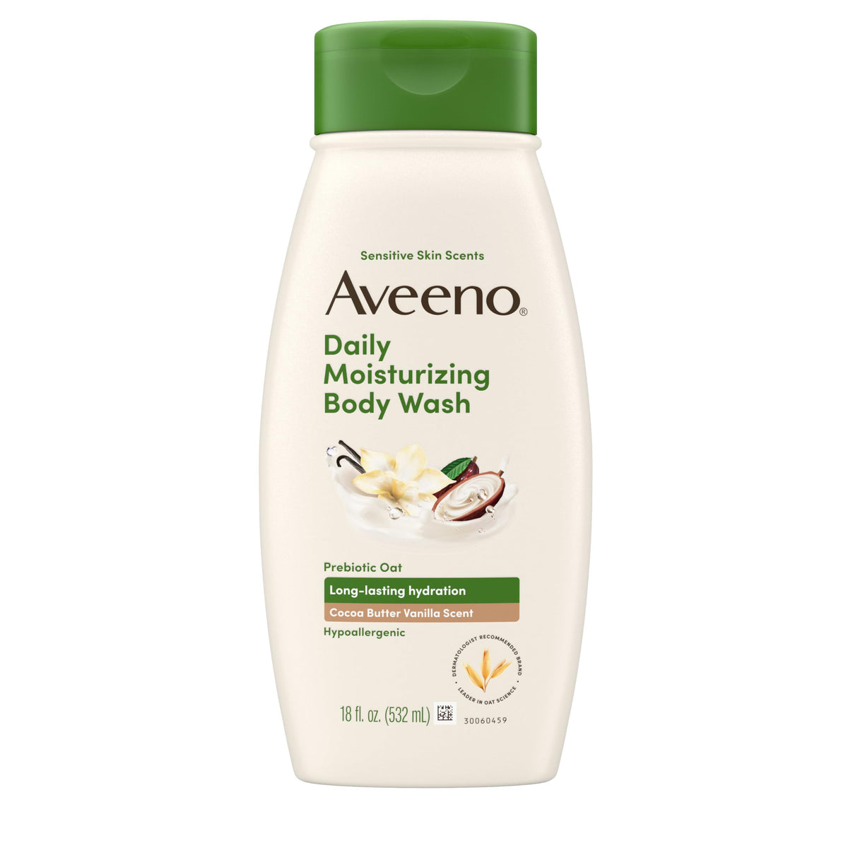 Aveeno front bottle showing cocoa butter vanilla scent and gentle cleanser benefit