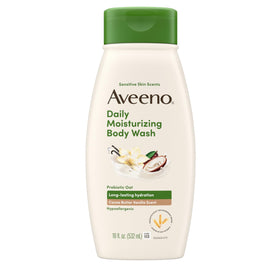 Aveeno front bottle showing cocoa butter vanilla scent and gentle cleanser benefit