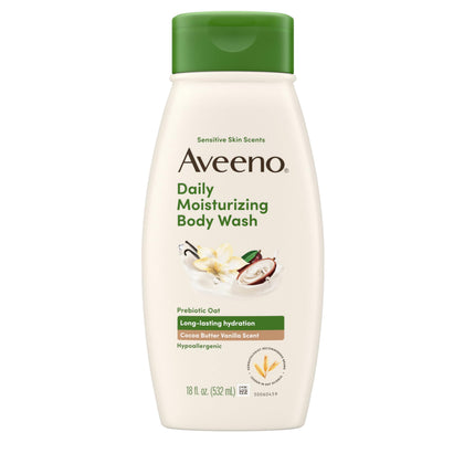 Aveeno front bottle showing cocoa butter vanilla scent and gentle cleanser benefit