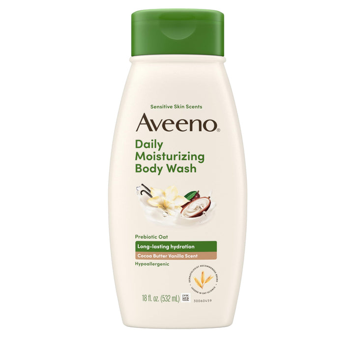 Aveeno front bottle showing cocoa butter vanilla scent and gentle cleanser benefit