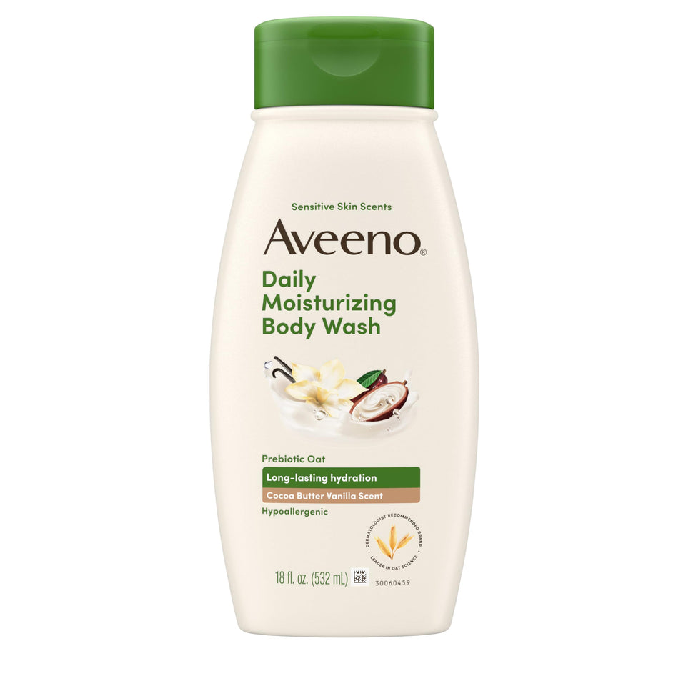 Aveeno front bottle showing cocoa butter vanilla scent and gentle cleanser benefit