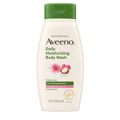 Aveeno front bottle shea butter berry scent showing label and hydration benefit