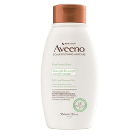 Aveeno front bottle showing Strength & Length conditioner for stronger hair