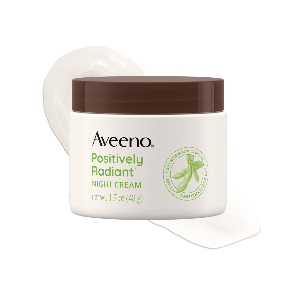 Aveeno front jar showing Positively Radiant Night Cream for radiant skin