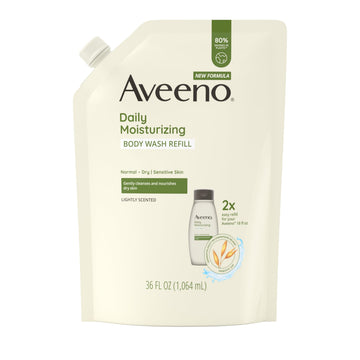 Aveeno pouch front view showing branding and size, promotes gentle cleansing