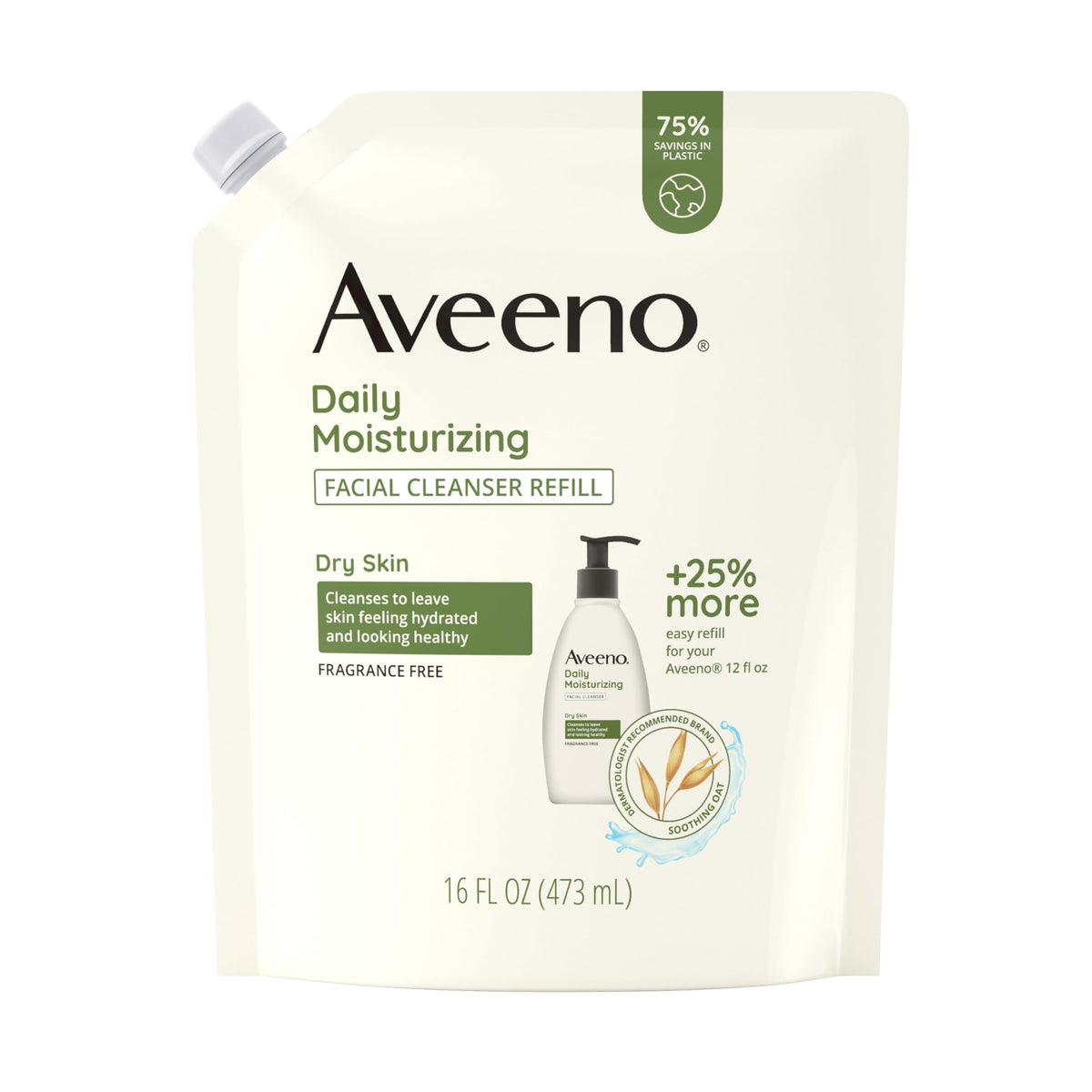 Aveeno refill pouch front view showing brand and soothing oat benefits