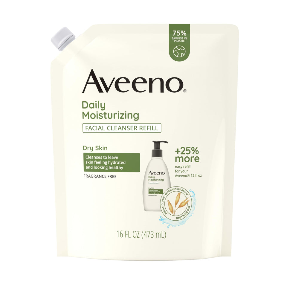Aveeno refill pouch front view showing brand and soothing oat benefits