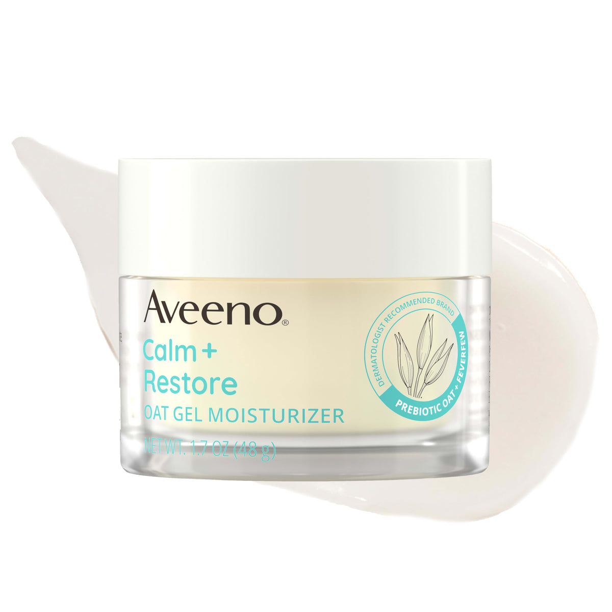 Aveeno front packaging 1.7 fl oz showing product benefits and compact size