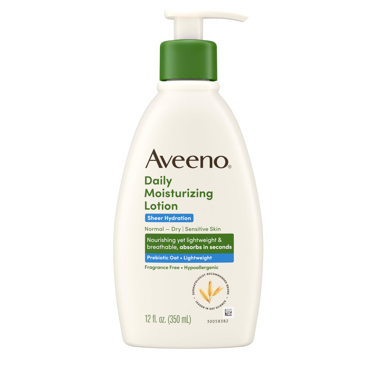 Aveeno front packaging 12 oz showing clean label and fragrance-free benefit