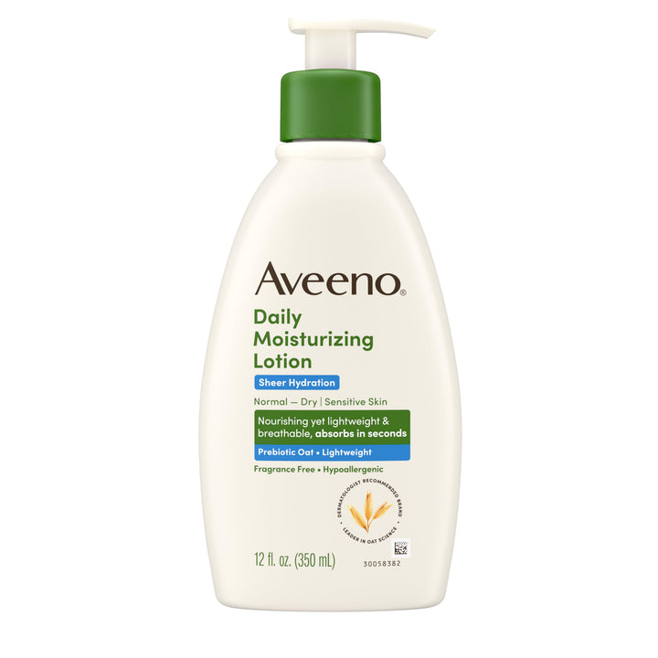 Aveeno front packaging 12 oz showing clean label and fragrance-free benefit