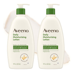 Aveeno front packaging showing two 18 oz bottles and value pack benefit