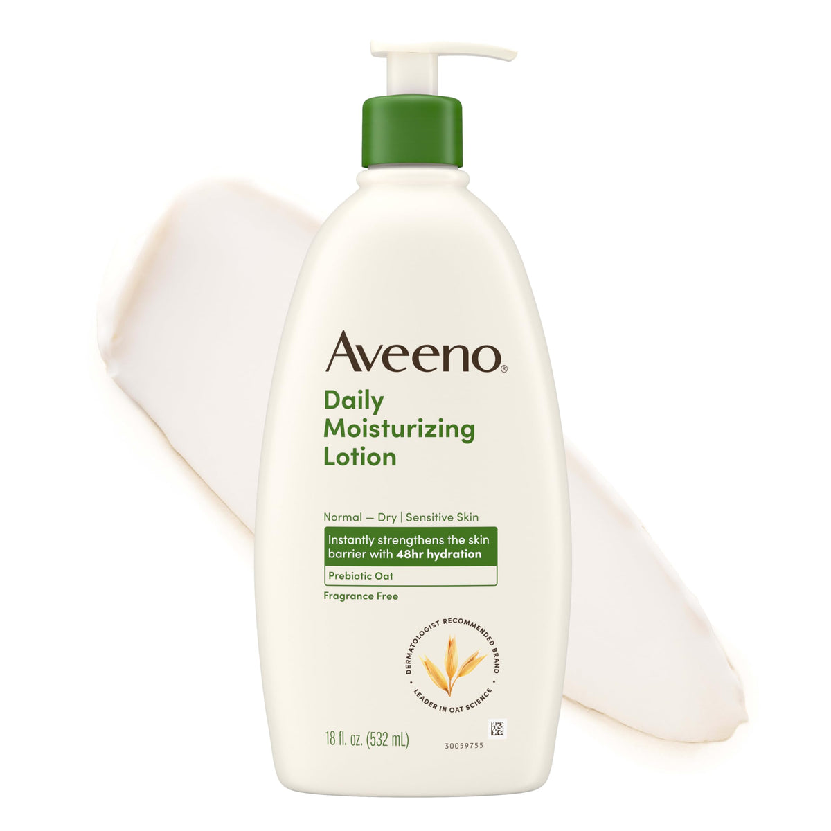 Aveeno front packaging 18 fl oz showing size and unscented benefit