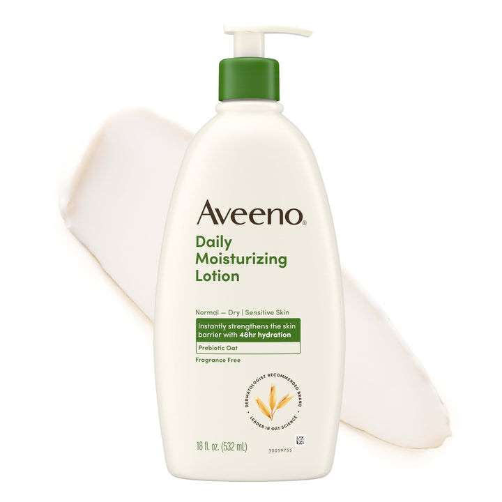 Aveeno front packaging 18 fl oz showing size and unscented benefit