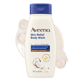 Aveeno front packaging 18 fl oz displaying product and coconut scent benefit