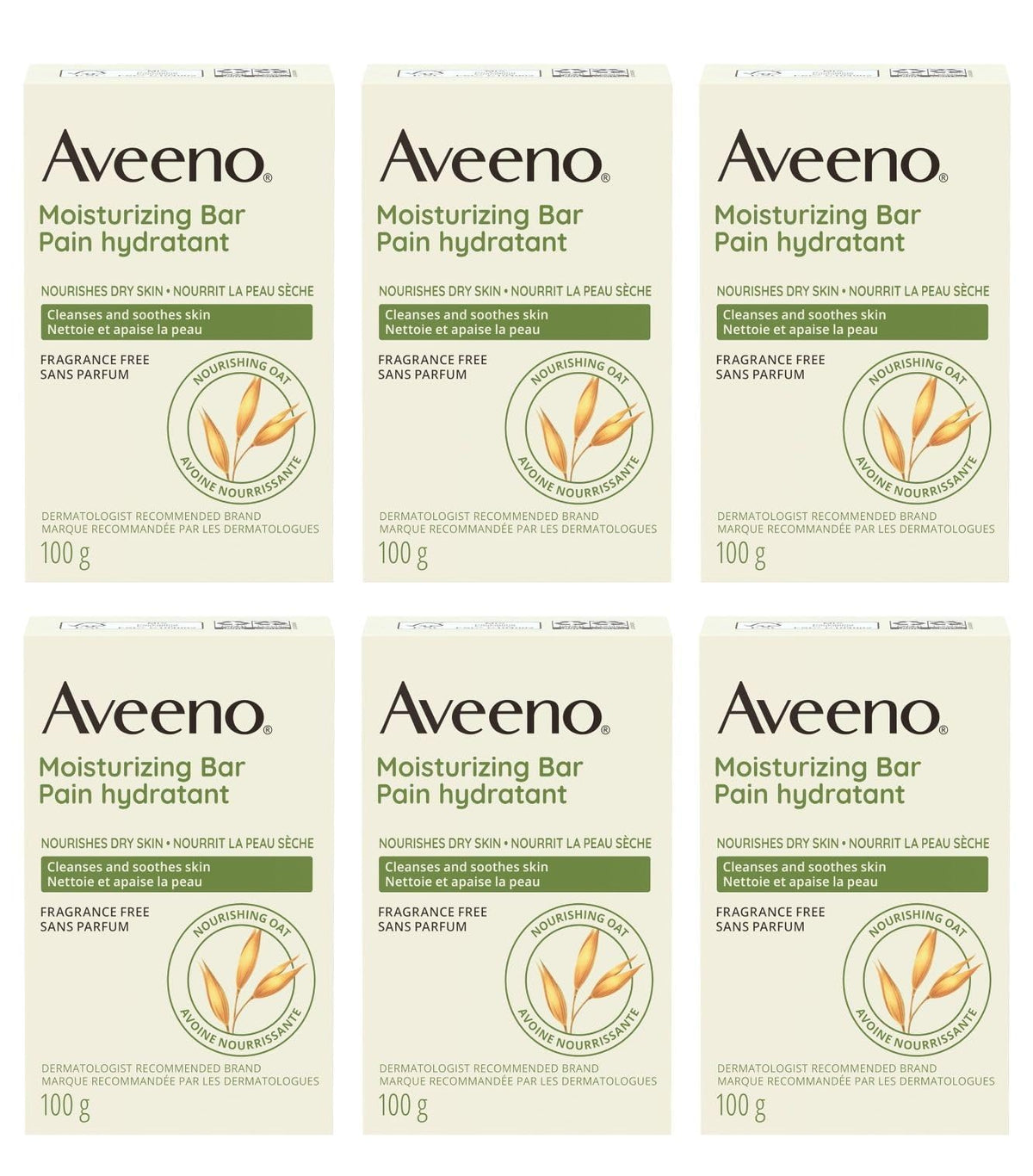 Aveeno front packaging six pack showing product benefits and quantity