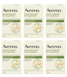 Aveeno front packaging six pack showing product benefits and quantity