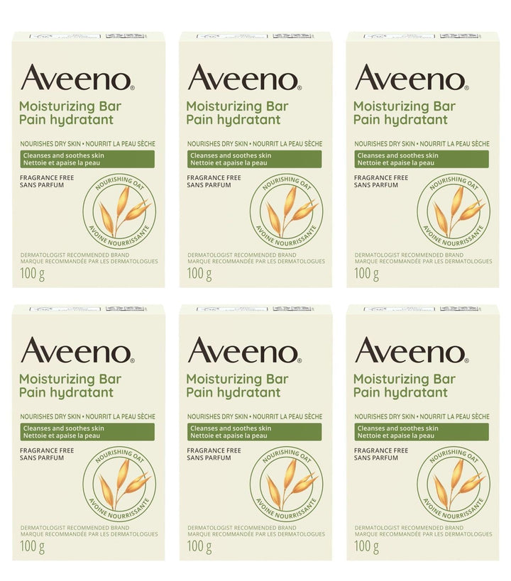 Aveeno front packaging six pack showing product benefits and quantity