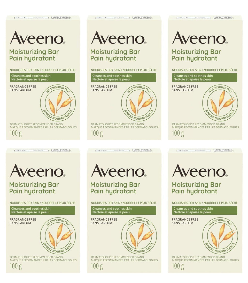 Aveeno front packaging six pack showing product benefits and quantity