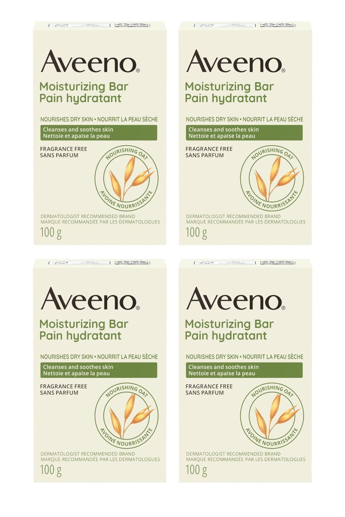 Aveeno four-pack front packaging showing gentle moisturizing bars and benefits