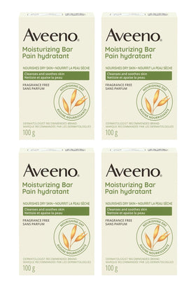 Aveeno four-pack front packaging showing gentle moisturizing bars and benefits