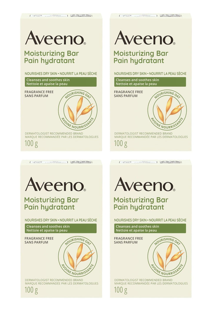 Aveeno four-pack front packaging showing gentle moisturizing bars and benefits