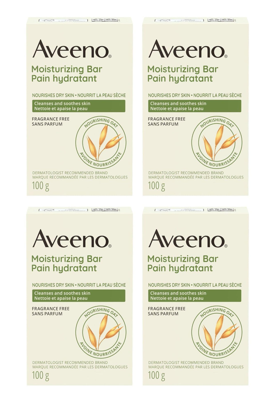 Aveeno four-pack front packaging showing gentle moisturizing bars and benefits