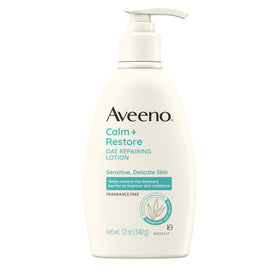 Aveeno front packaging shows Calm + Restore 12 oz for sensitive skin comfort