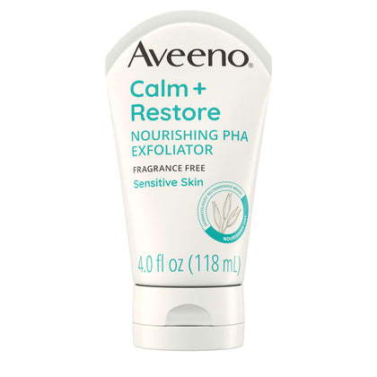 Aveeno front packaging showing Calm + Restore PHA exfoliator benefits