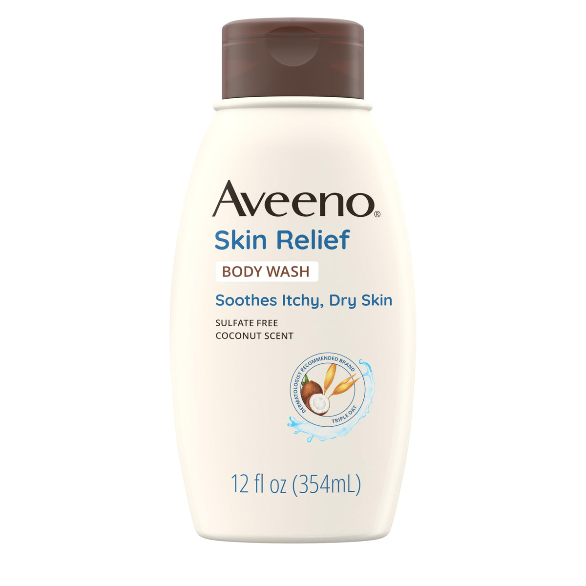 Aveeno bottle front packaging showing coconut scent and soothing oat benefit