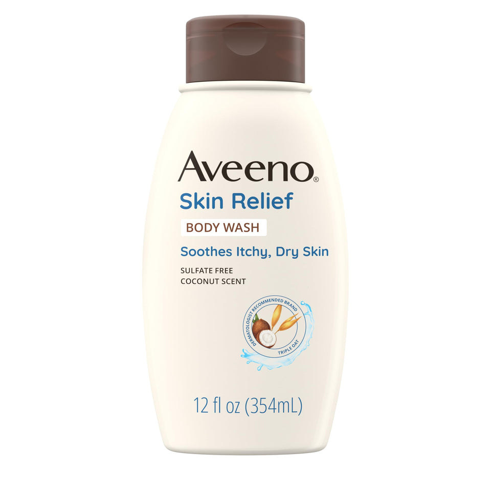 Aveeno bottle front packaging showing coconut scent and soothing oat benefit