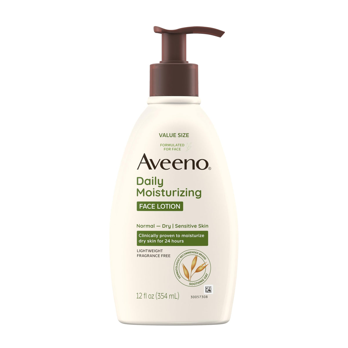 Aveeno front packaging showing 12 fl oz lotion and clear label benefit