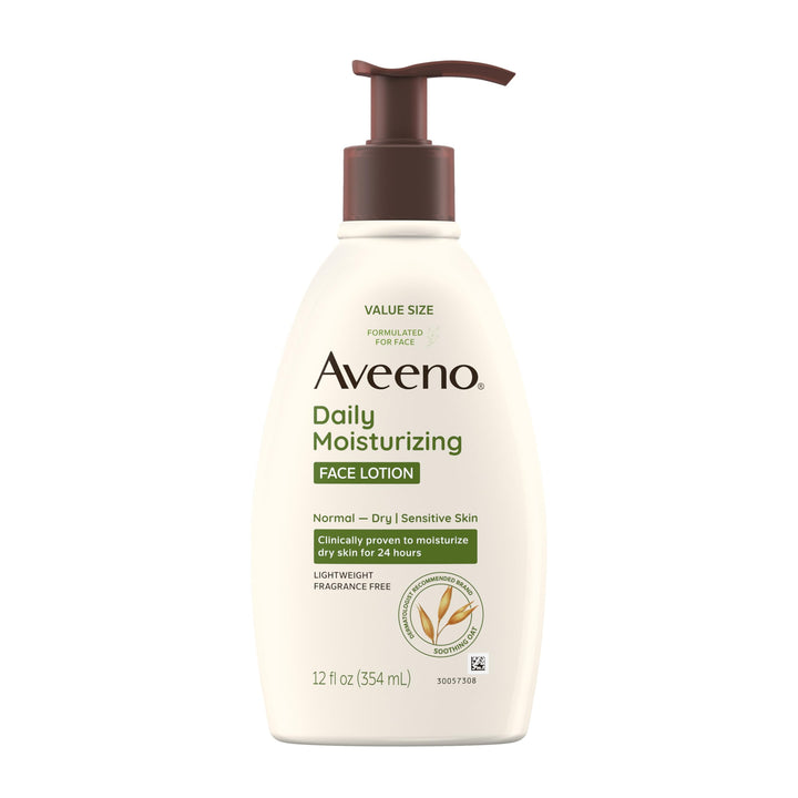 Aveeno front packaging showing 12 fl oz lotion and clear label benefit
