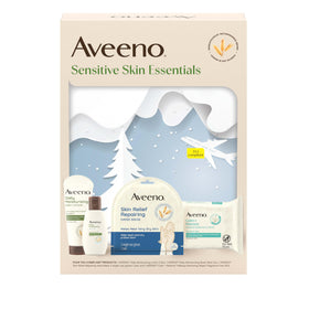 Aveeno front packaging gift set displayed, brand calming oat benefits